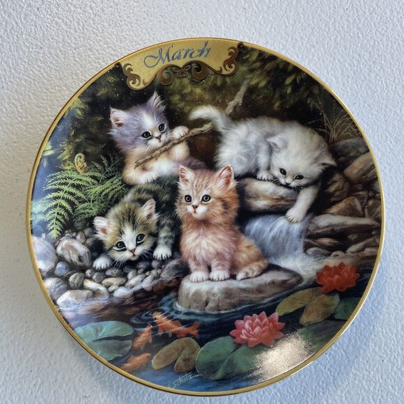 March By The Lily Pond Plate Cat Kitten Jurgen Scholz Timeless Tails 1999 - Picture 1 of 8